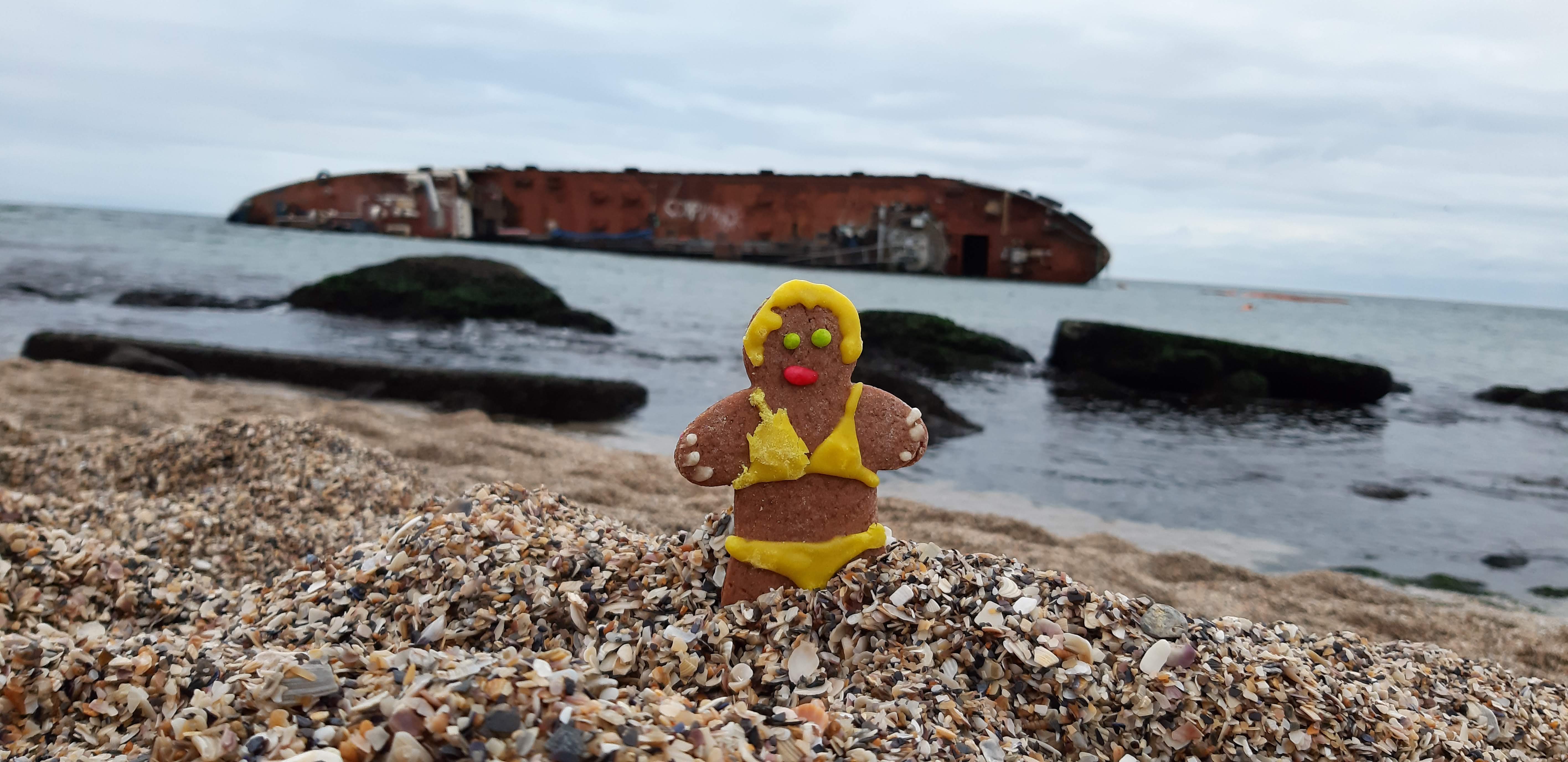 photo of a gingerbread cookie on a beach in front of a shipwreck